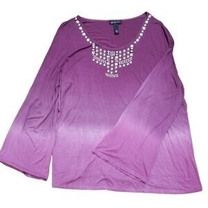 INC International Concepts Womens Ombre Embellished Lg Slv Scoop Neck Top Sx 3X